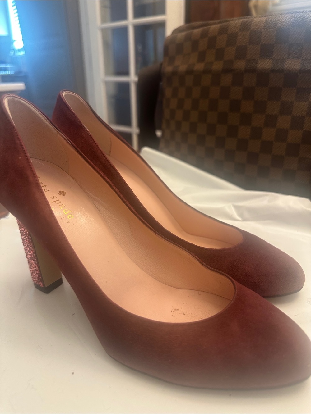#62 Precious kate spade Burgundy Suede Pumps with Pink Glitter Heel